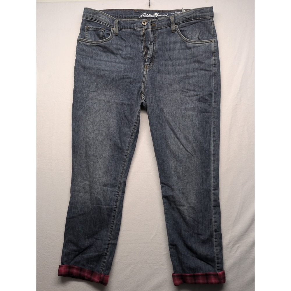 Eddie Bauer Women's Size 14 Boyfriend Fit Flannel Lined Jeans Blue Denim Plaid